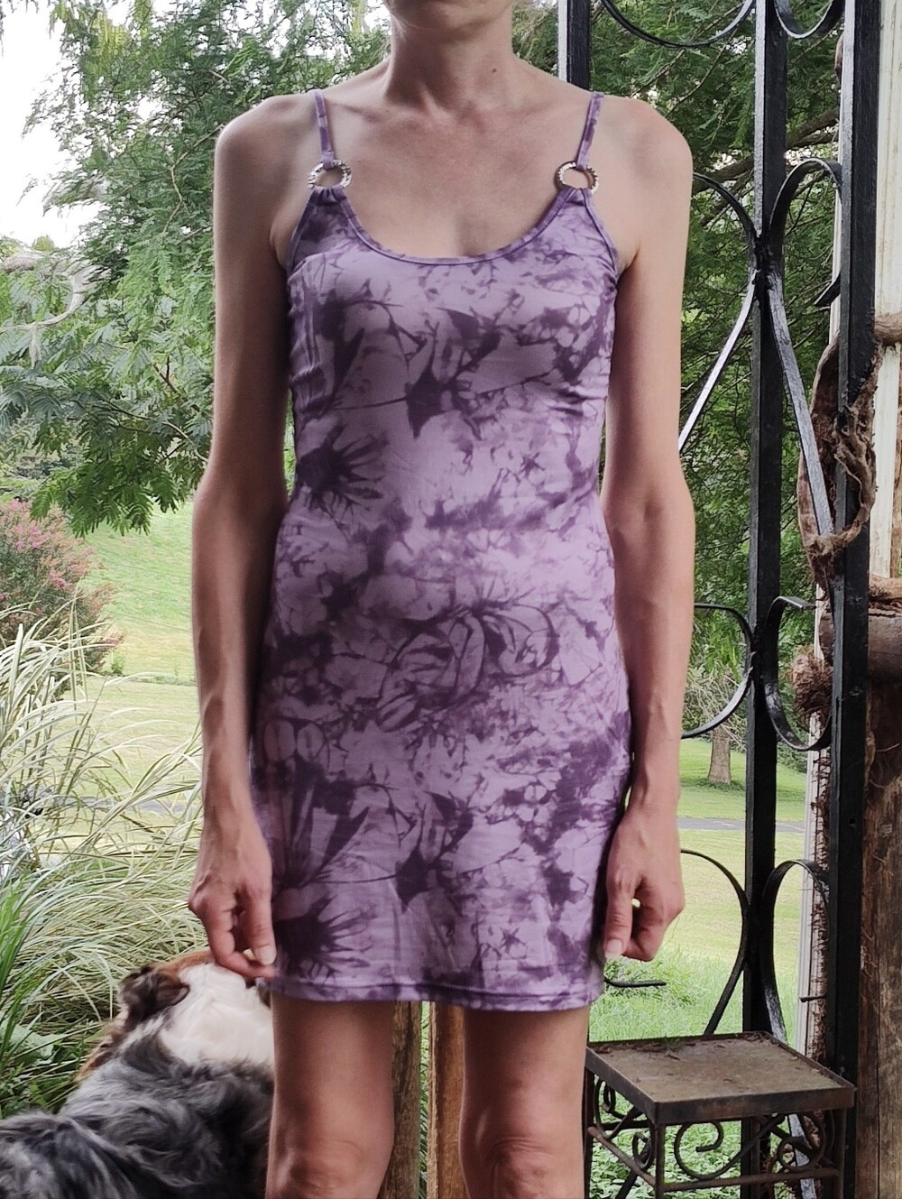 Purple Tie-Dye Spaghetti Strap Bodycon Dress With Metal Adornments